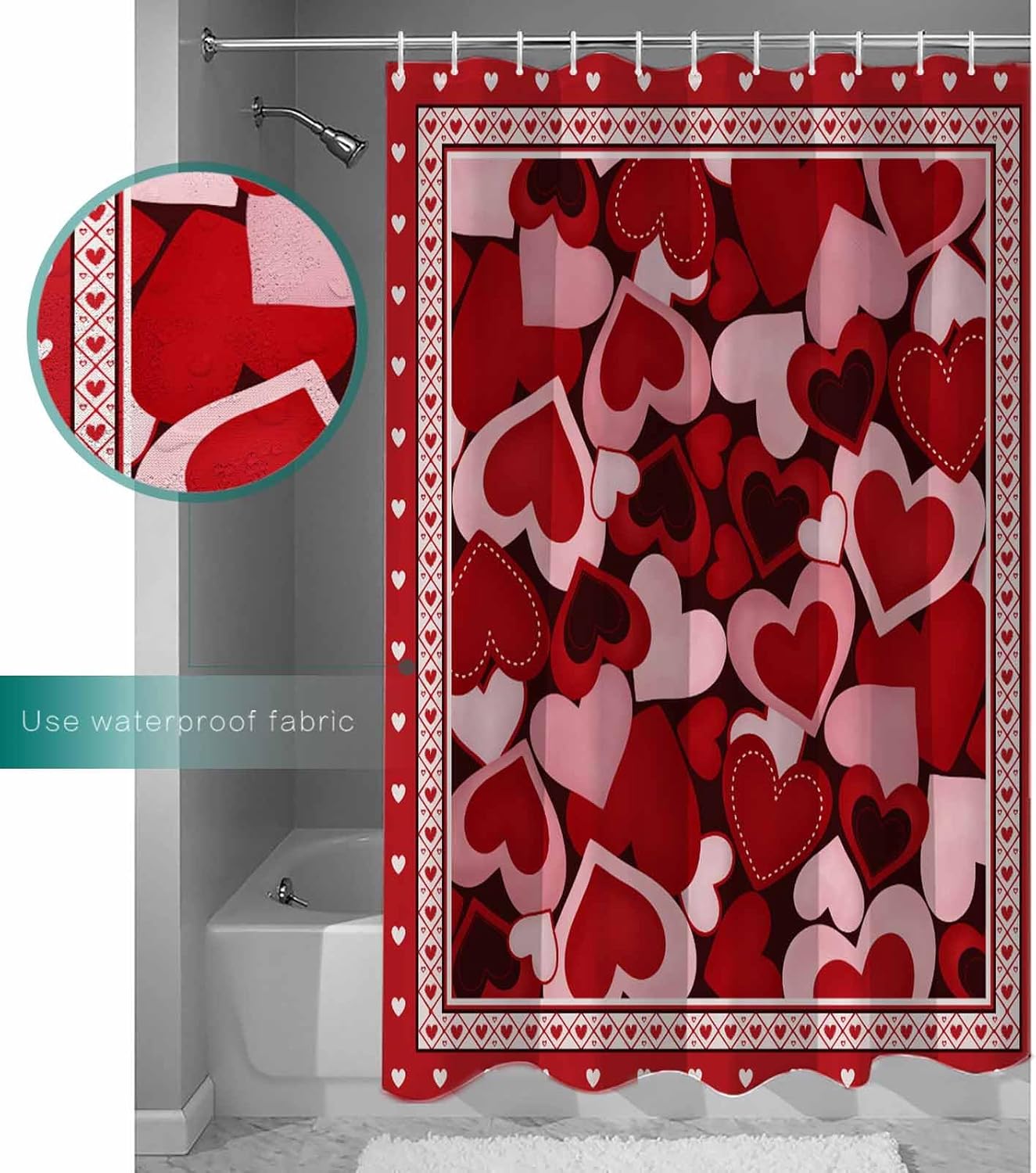 Valentine's Day Shower Curtain for Bathroom 72" x 96", Romantic Red Love Heart Holiday Shower Curtain with Hooks Polyester Waterproof Home Bathtub Decor