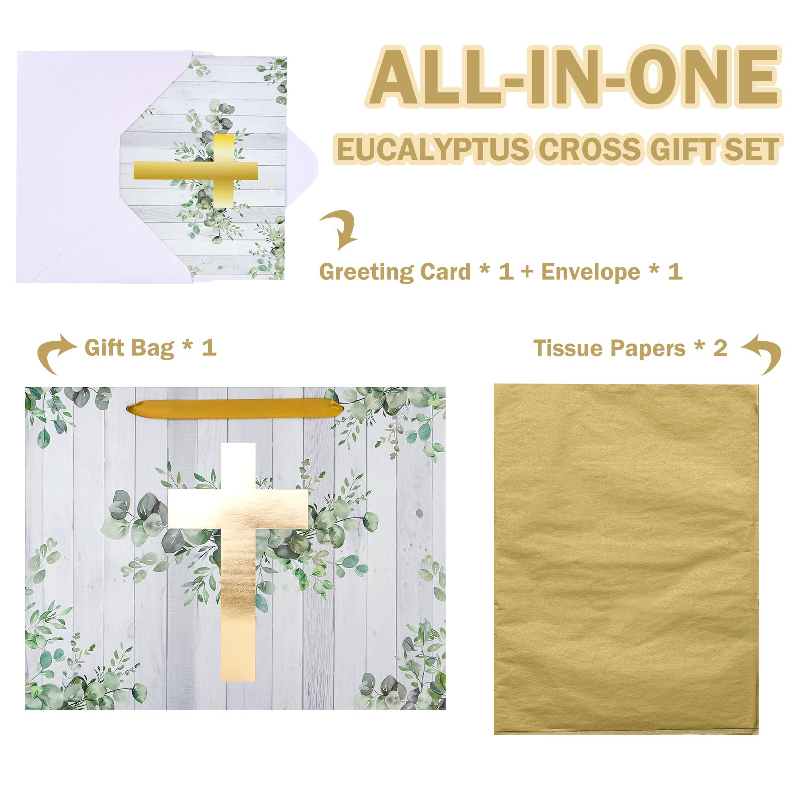 WRAPAHOLIC 13" Large Religious Gift Bag with Card and Tissue Paper - Gold Foil Eucalyptus Cross Design for First Communion, Easter, Baby Baptisms, Christenings