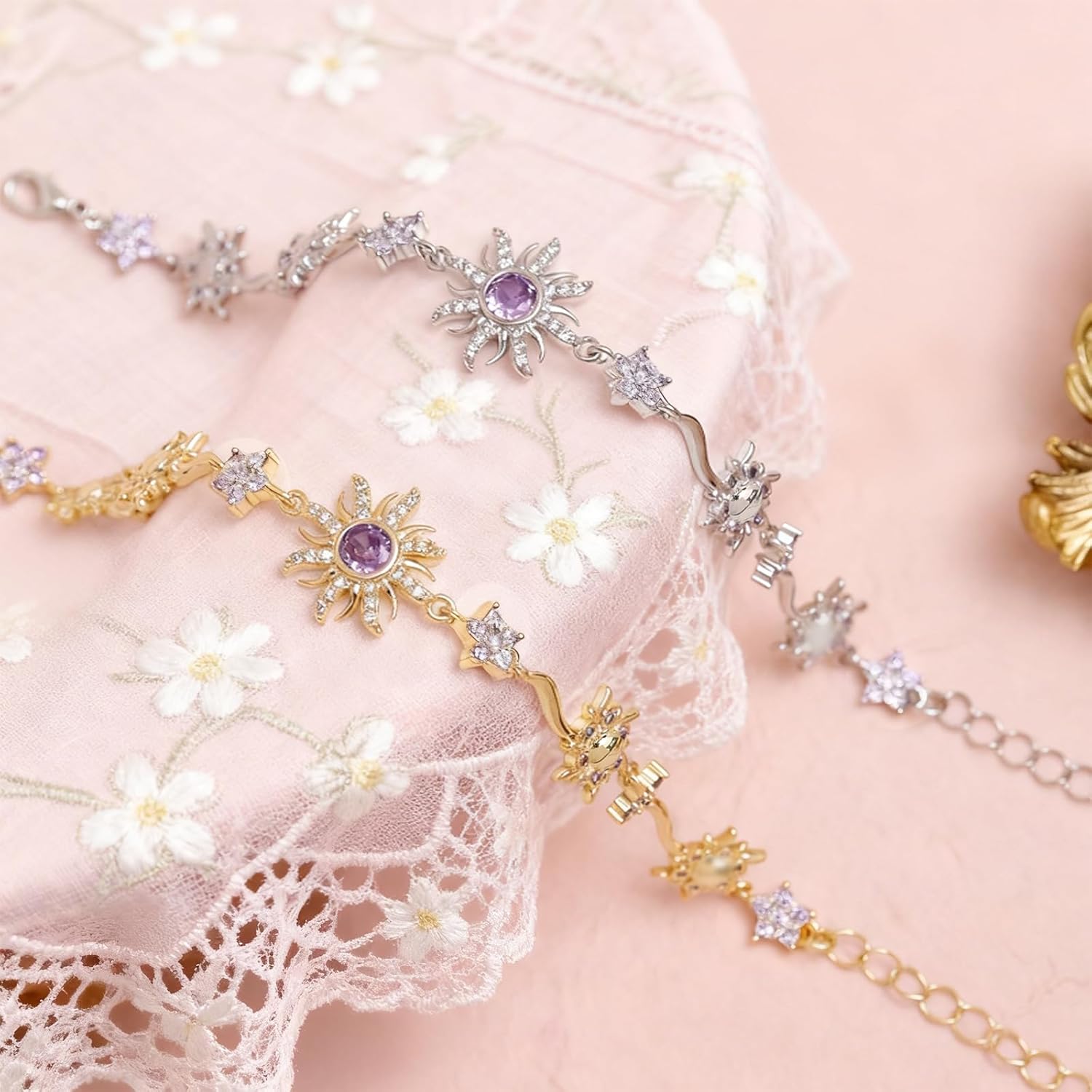 Gold Silver Sun Link Bracelet for Women, Dainty Sparkly Colorful Crystal Rhinestone Flower Floral Adjustable Chain Bracelets Prom Wedding Accessories Fashion Jewelry Gift - Image 7