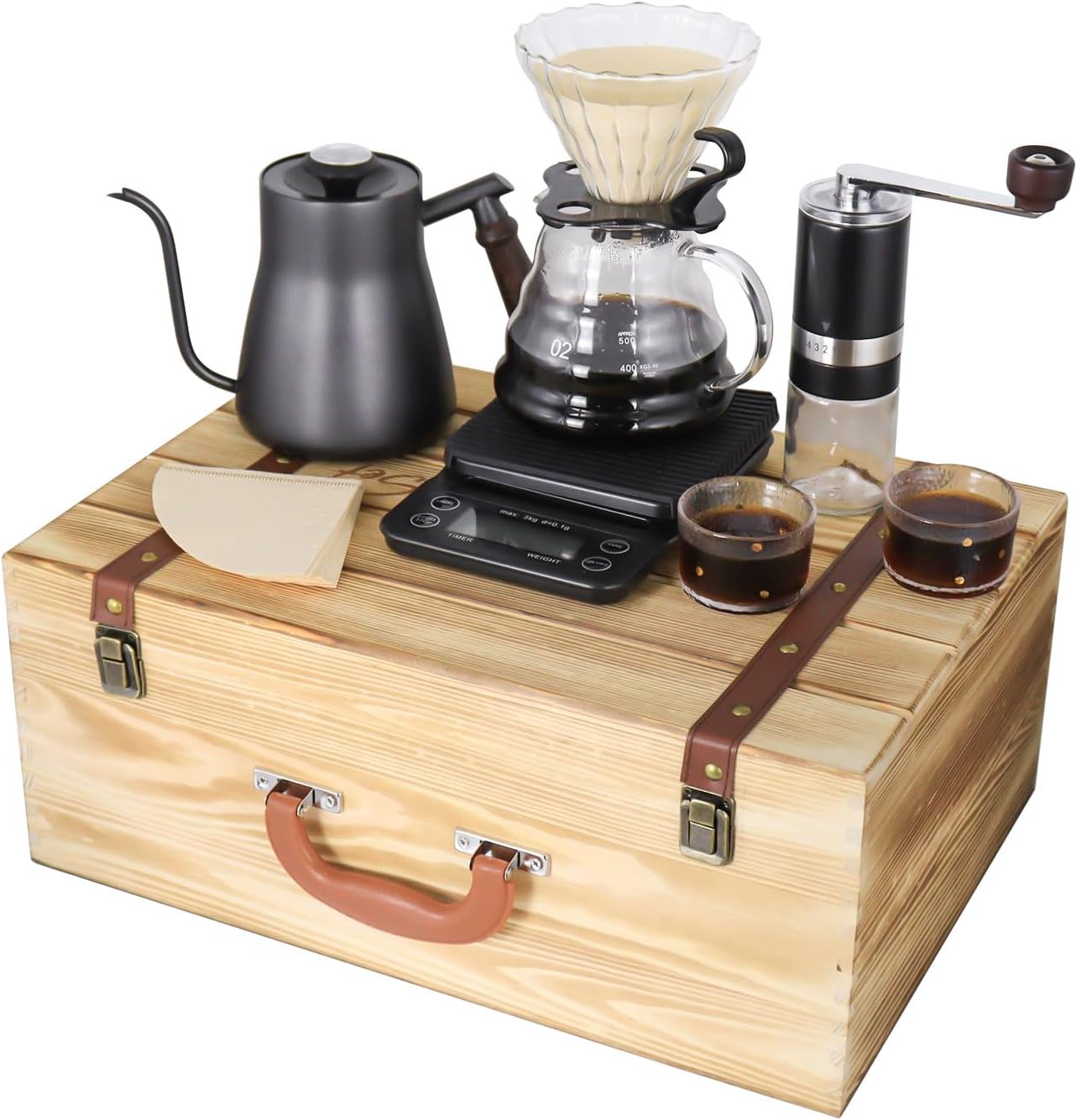 SOTECH Pour Over Manual Coffee Maker Set 2 Cup Coffee Dripper with Wooden Suitcase Coffee Kettle Scale Bean Grinder All In 1 Traveling Camping Hiking