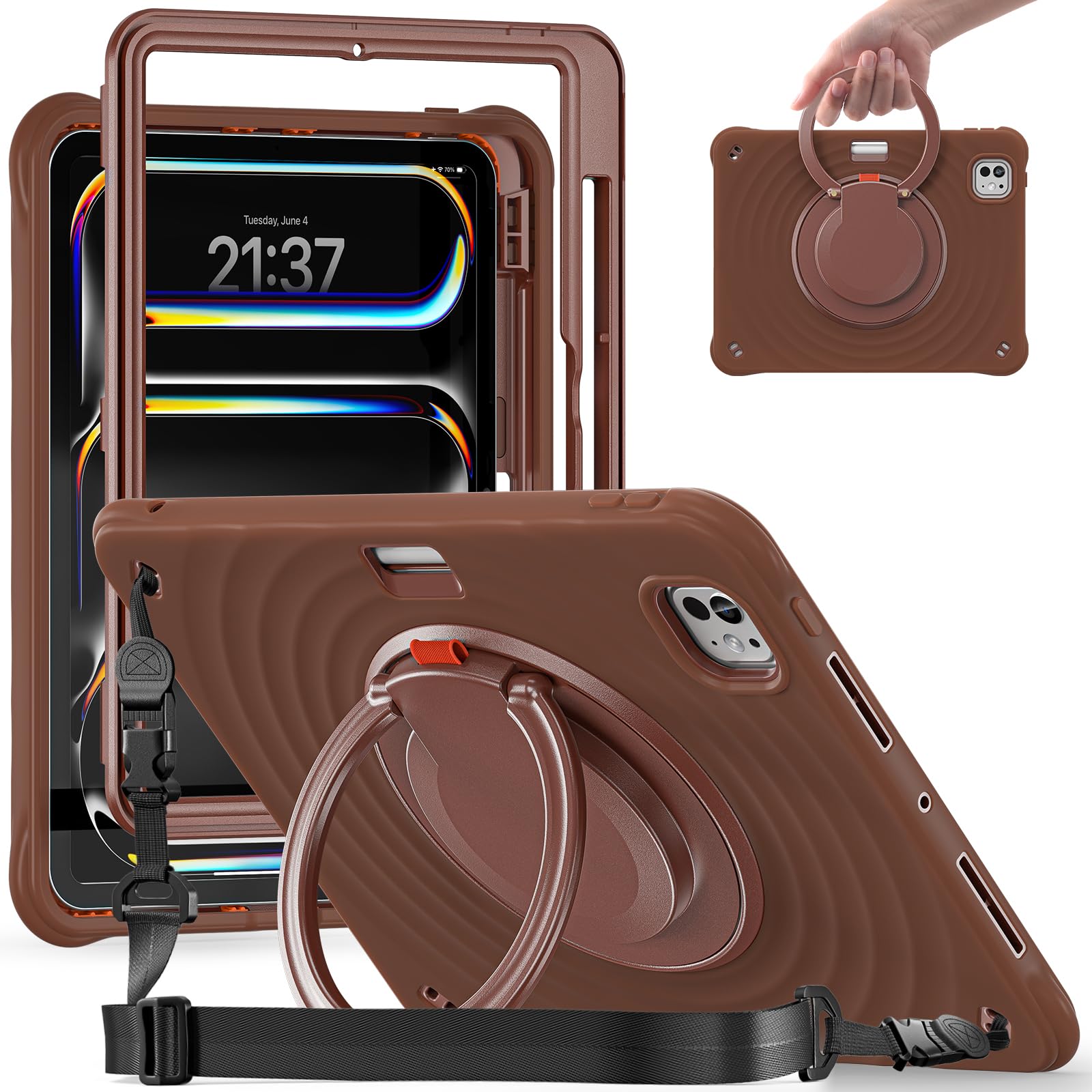 Wytrzymałe etui na iPada Pro 27.9 cm M5 / M4 (2025/2024), amortyzujące wstrząsy etui ochronne z obrotową podpórką o 360°, paskiem na rękę i paskiem na ramię, konstrukcja przyjazna dla