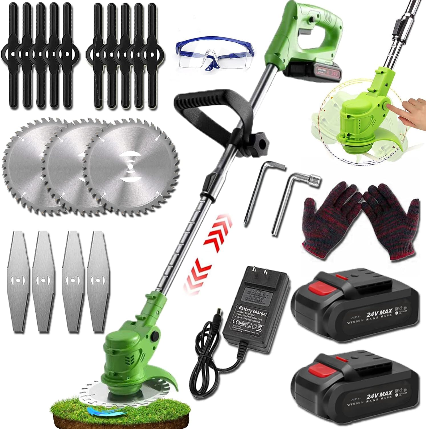Decespugliatore elettrico da giardino, 21 V, senza fili, portatile, con 2 batterie e 3 tipi di lame, per cortile e giardino