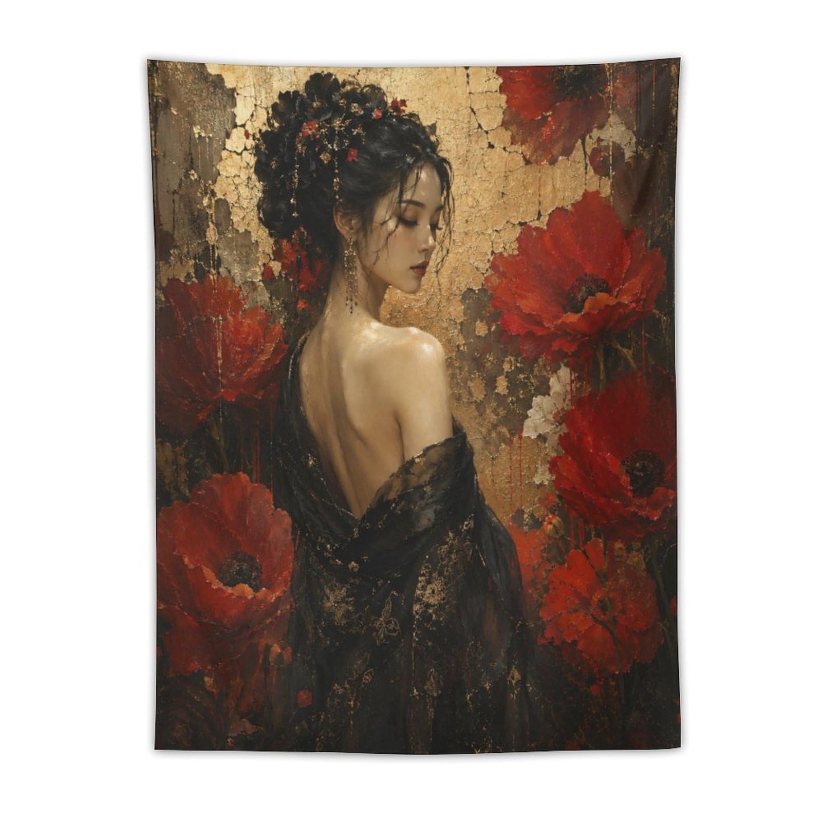 W7C8U2X3 Vintage Red Poppy Woman Wall Tapestry, Impressionist, Office