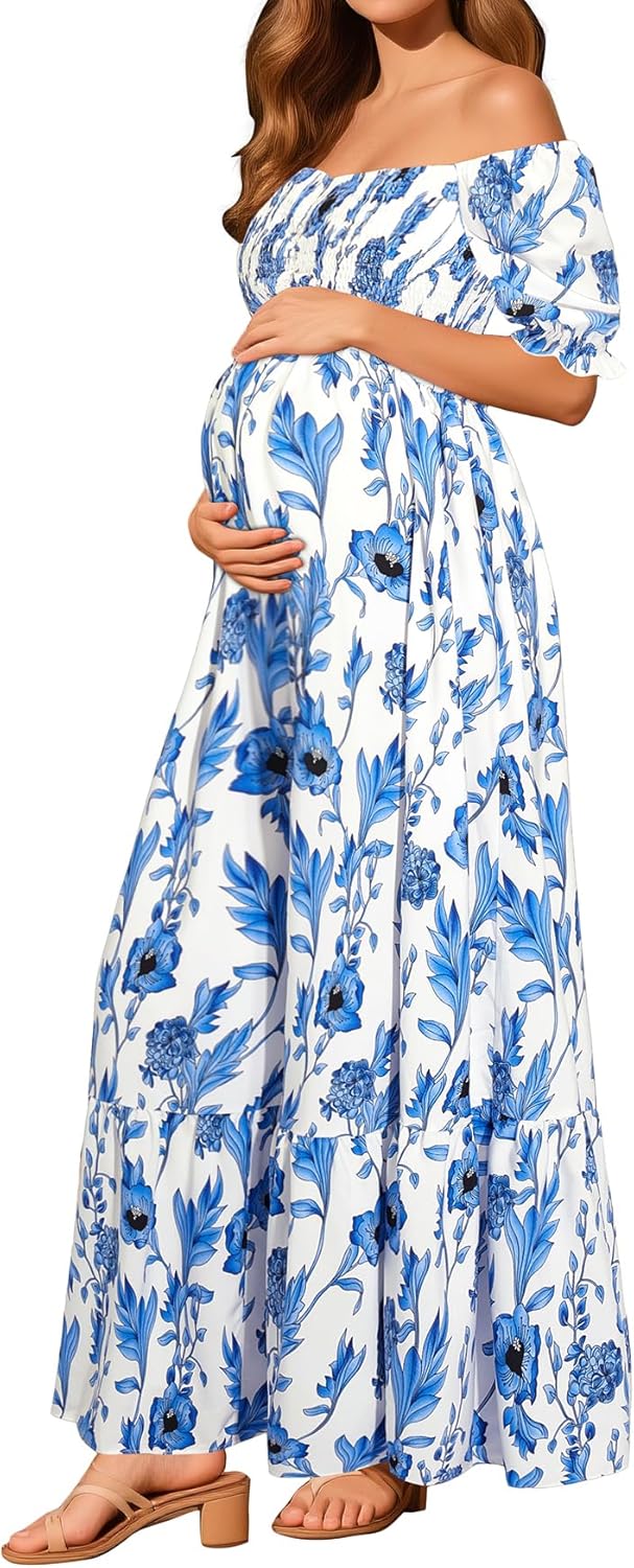 Maternity Dress Baby Shower - 2025 Photoshoot Pregnancy Summer Floral Maxi Off Shoulder Casual Dress