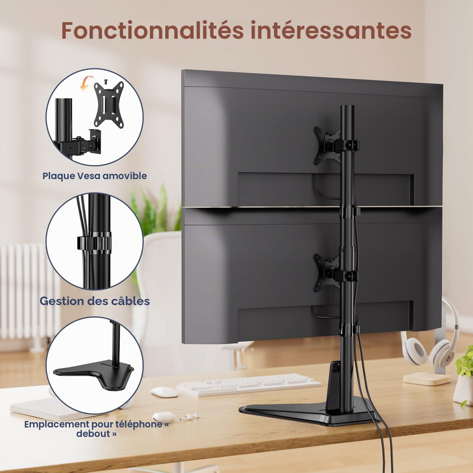 PUTORSEN Support Double Ecran PC, Support de Bureau autoportant Double écran pour Écrans 13-34 Pouces(Hauteur 81.5cm), Charge Max 9kg, VESA 75x75/100x100 mm