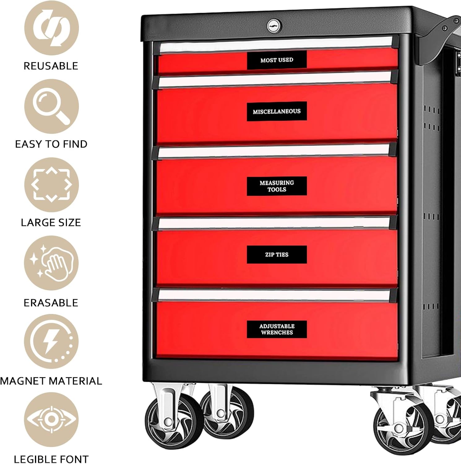 Magnetic Toolbox Organization Labels, 84 Magnetic Tool Chest Stickers, Tool Accessories for Tool Box Drawers, Fits All Brands of Steel Tool Chest Organizer-4 x 1 Inches