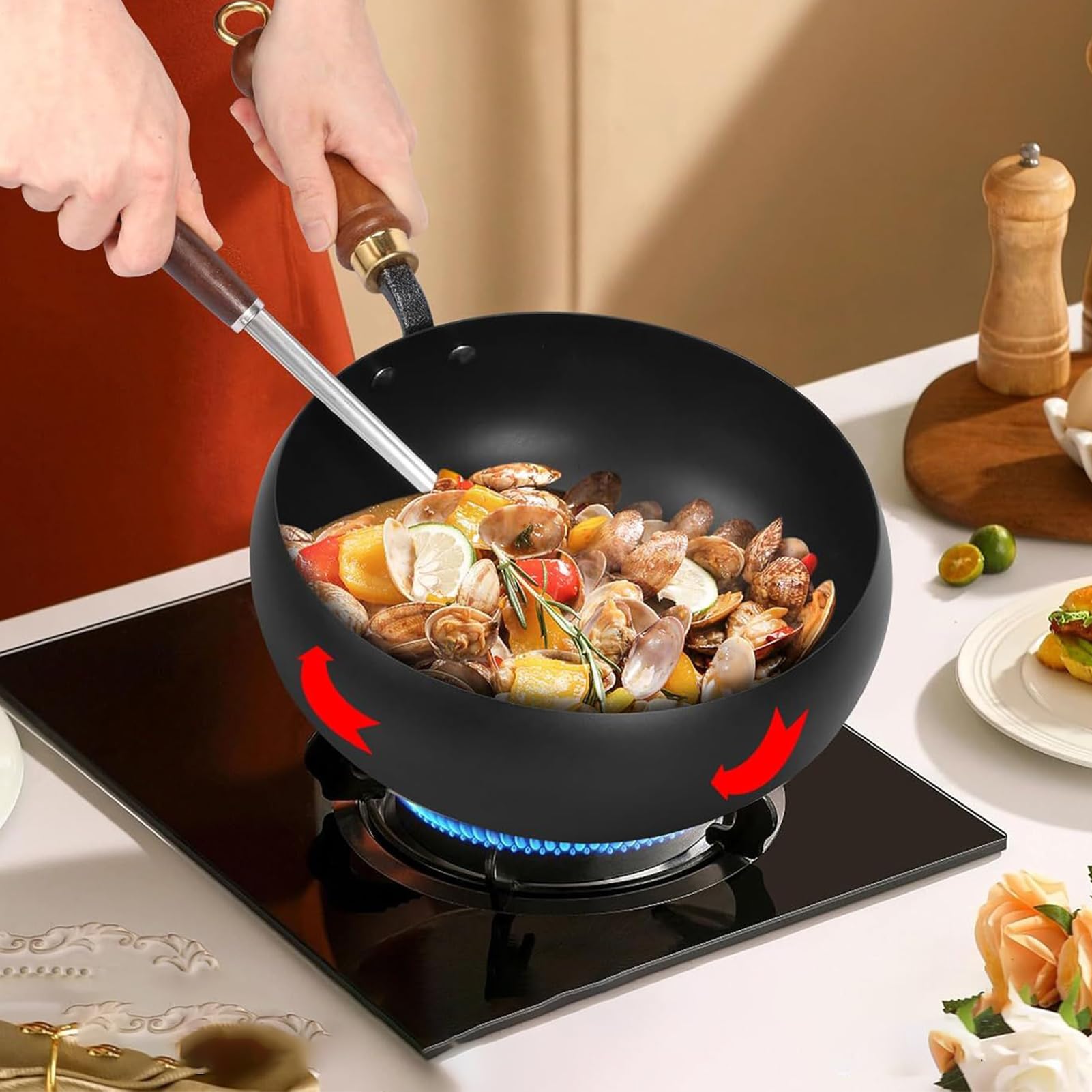 Żelazny Garnek Patelnia Z Drewnianym Uchwytem, Naczynia, Indukcja, Płyty | Kuchenny Garnek Żeliwny z Pokrywką Kuchenka Grill Camping Dom Restauracja Zupa Mięso Warzywa