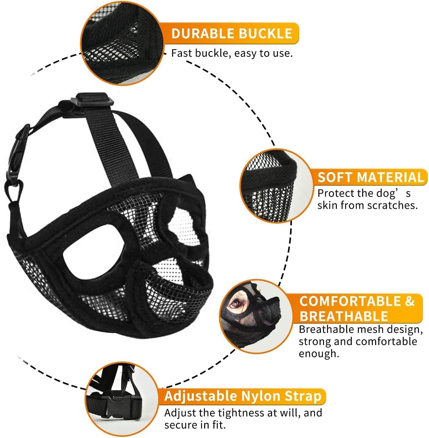 Short Snout Dog Muzzle - Adjustable Breathable Mesh Bulldog Muzzle for Barking Biting Chewing Training (Black(Tongue Out), S)