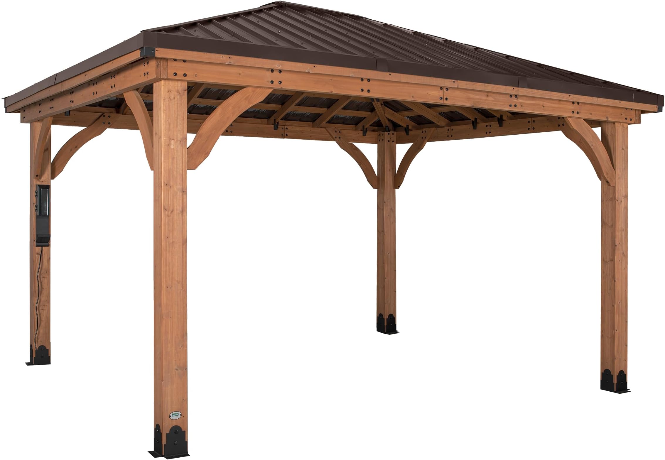 - Backyard Discovery Barrington 14' x 12' Cedar Wood Outdoor Gazebo Pavilion with Hardtop Galvanized Steel Hip Roof, Snow Support, Wind Resistance, PowerPort, Shade for Garden, Patio, Deck, Entertaining