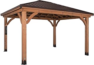 Backyard Discovery Barrington 14' x 12' Cedar Wood Outdoor Gazebo Pavilion with Hardtop Galvanized Steel Hip Roof, Snow Support, Wind Resistance, PowerPort, Shade for Garden, Patio, Deck, Entertaining