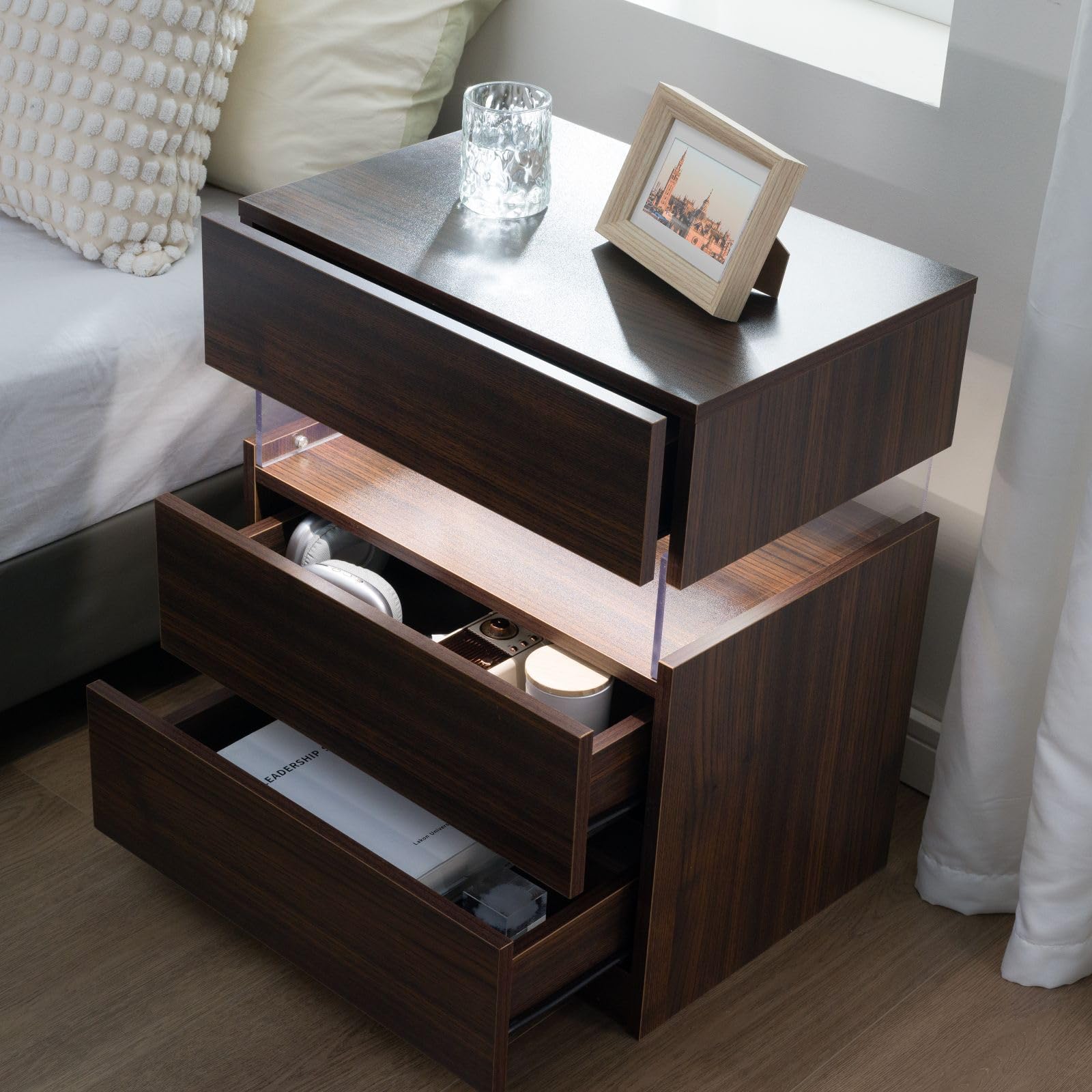 Cubehom Comodino a LED, con cassetti, per camera da letto, soggiorno, ufficio, colore: noce scuro, 2 pezzi