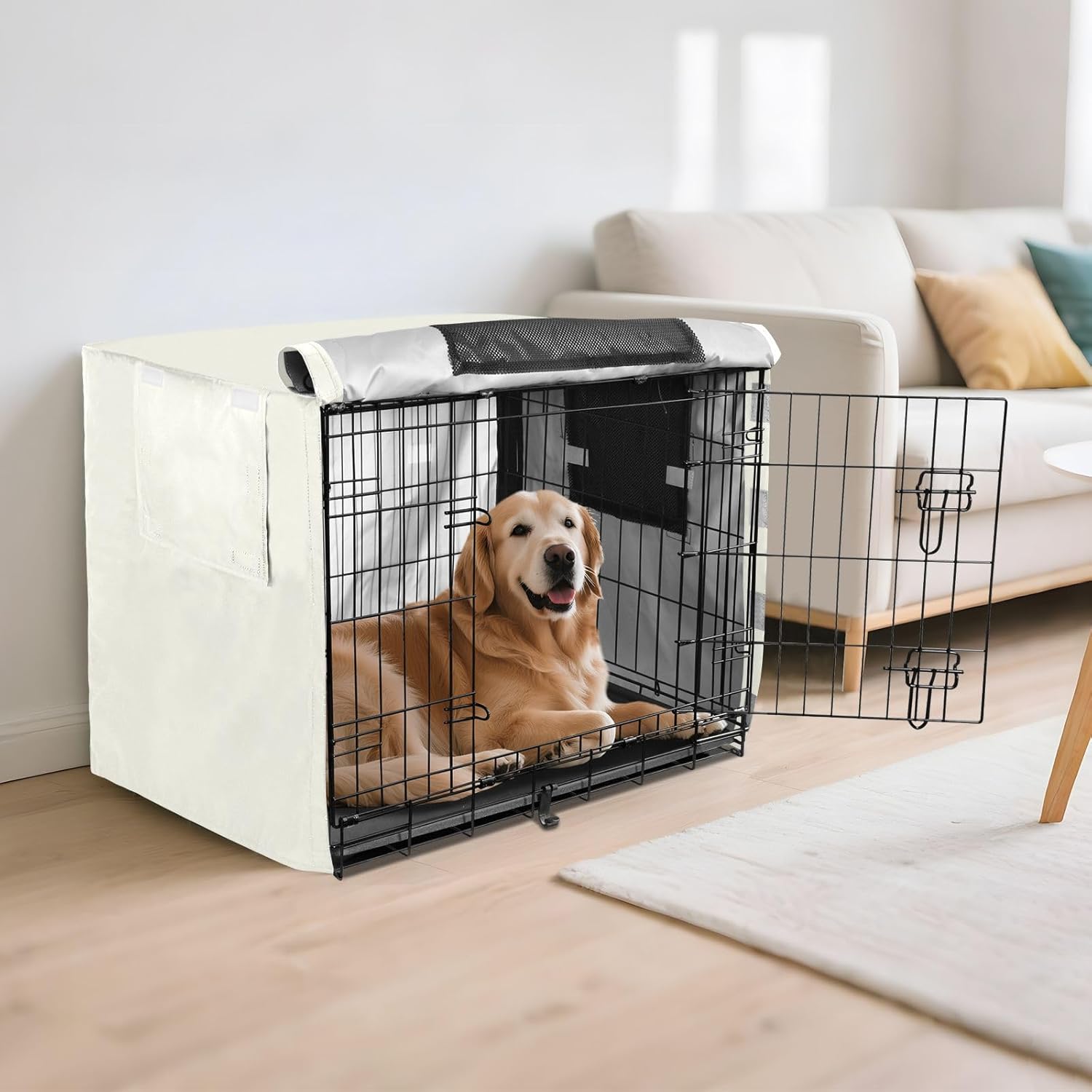 Ivory Dog Crate Covers Fixed Buckle at Bottom, Pet Kennel Cover with Mesh Windows, X-Large