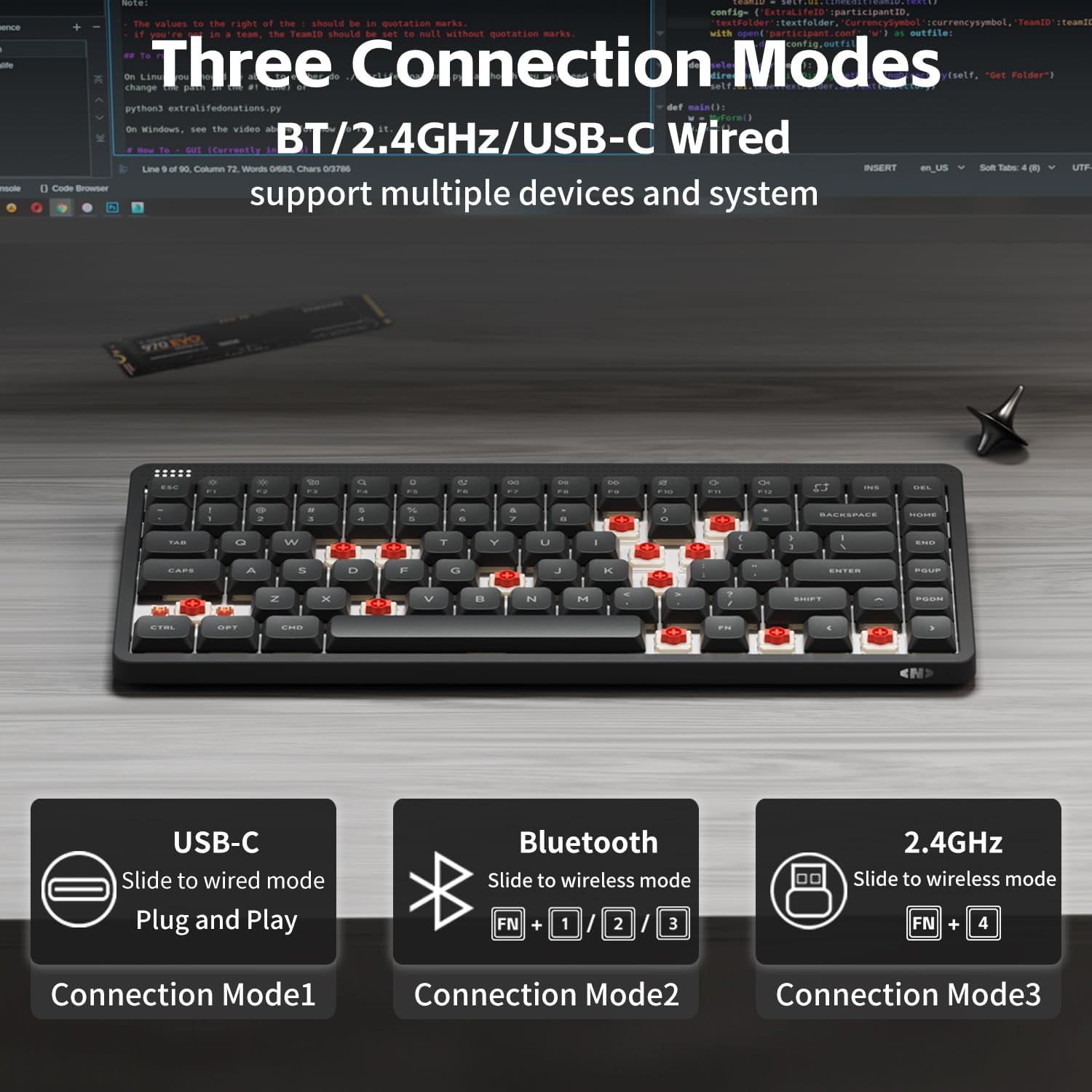 nuphy Node75 Wireless Mechanical Keyboard, 75% Hot Swappable Custom Low Profile Keyboard, 84 Keys Computer Gaming Keyboards, Supports Touch Gestures, PBT Keycaps, RGB Backlit, Bluetooth/2.4GHz/USB-C - Image 3