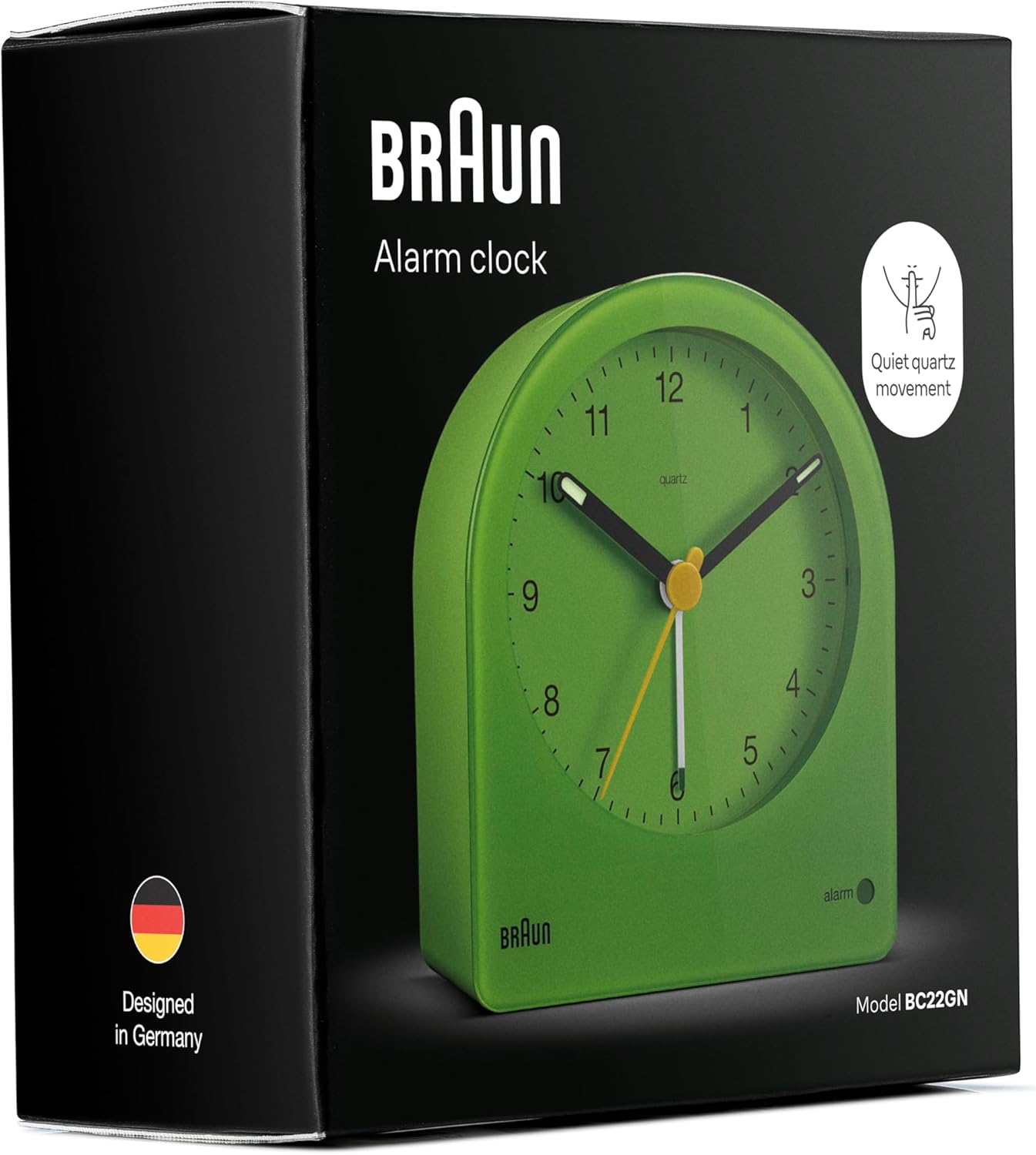 Braun Classic Analogue Alarm Clock with Snooze and Continuous Backlight, Quiet Quartz Movement, Easy to Read Dial, Crescendo Beep Alarm in Green, Model BC22GN.
