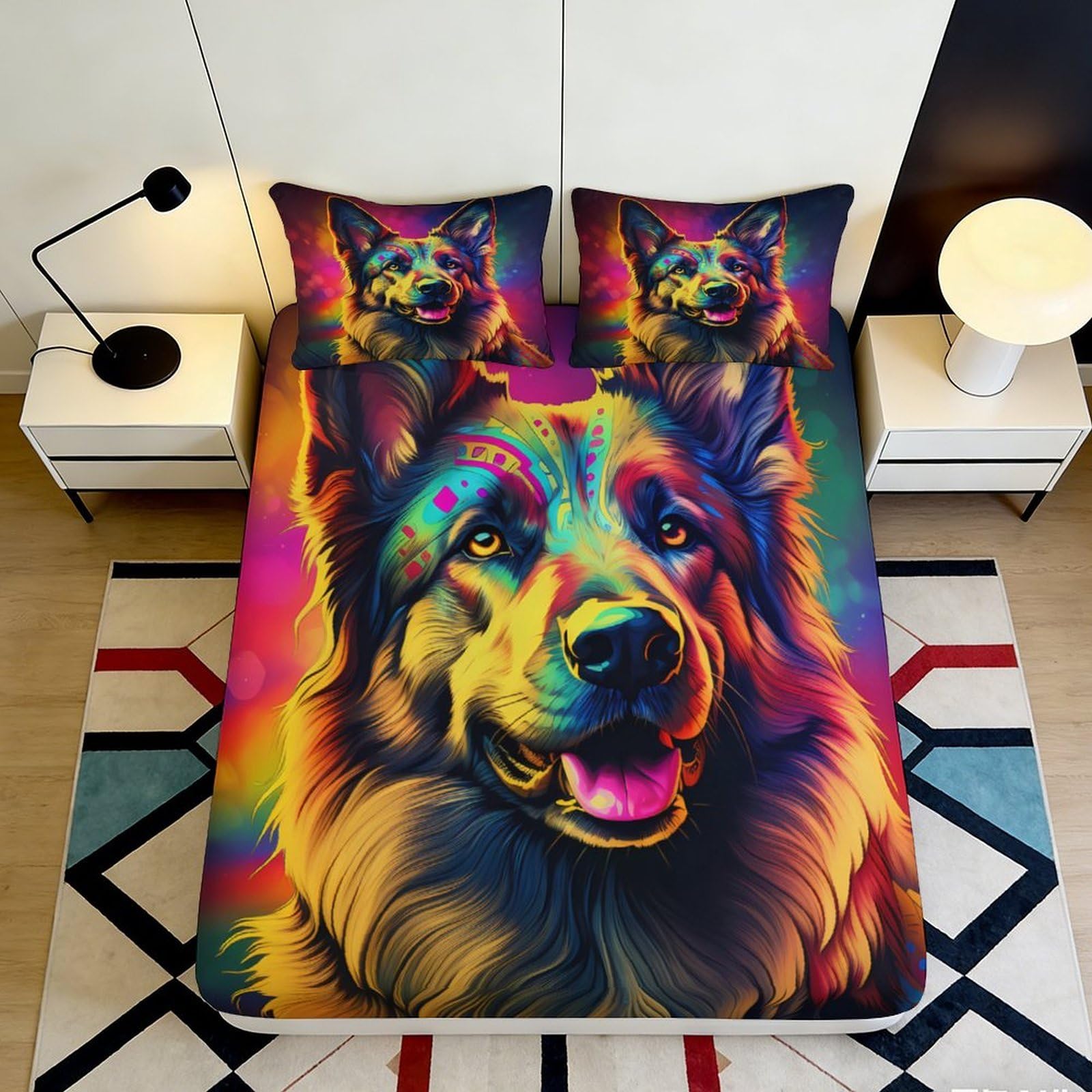 3D Printed Vibrant Wolf Fitted Sheet Microfiber Colourful Animal Art Mattress Cover Bedroom Dorm Decor Easy Care 90x200x25cm