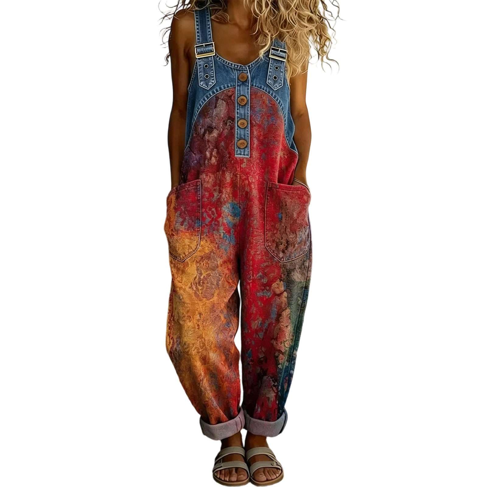 Genérico Mono Mujer Verano Bohemio Floral Petos Vaqueros Ajuste Holgado Pierna Ancha Overol Sin Mangas Elástico Peto Casual Overoles Tallas Grandes Cómodas Playa Con Bolsillos