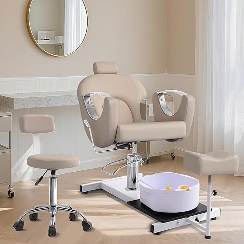 Miniatura 9 de KIGOTY Silla de pedicura sin fontanería con masaje de pies, spa y taburete, estación de pedicura reclinable de elevación hidráulica ajustable, silla