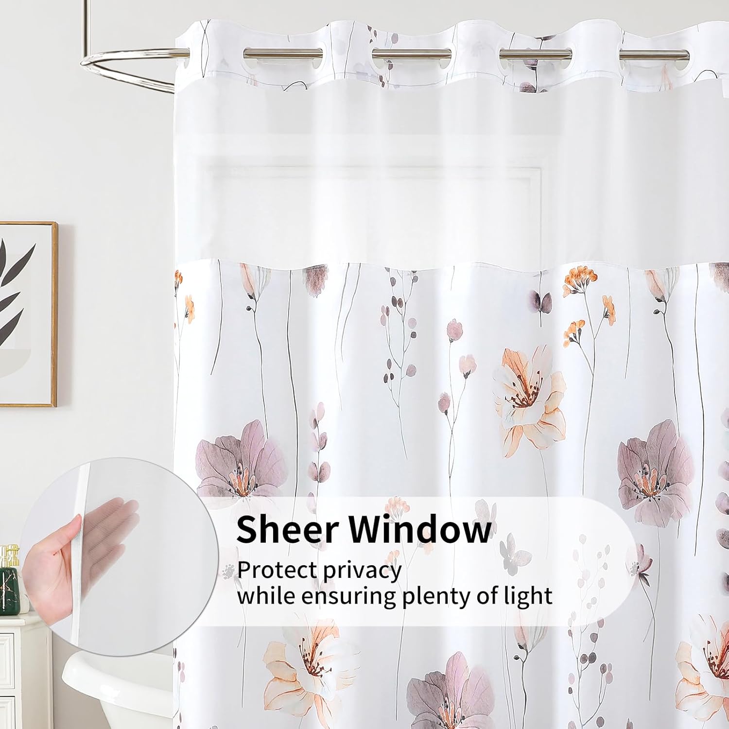 QiyI Flower Shower Curtain with Snap in Liner, Brown Watercolor Floral Cloth for Bathroom, No Hook Shower Curtains with Mesh Top Window, Fabric Waterproof Bathroom Set, 72 x 75 Inch