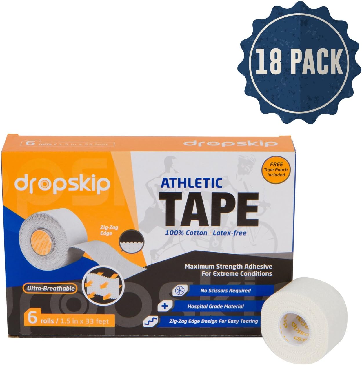Athletic Tape in White, Ultra Breathable Sports Tape with Zigzag Edge for Easy Tearing, Made from 100% Hospital Grade Cotton, Latex Free zinc Oxide Adhesive, 1.5 inch x 33 feet (18 Pack)