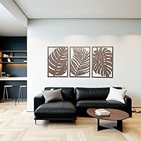 Vista 9 de Juego de 3 paneles de arte de pared de madera con hojas tropicales de Monstera, estilo bohemio, casa de campo moderna