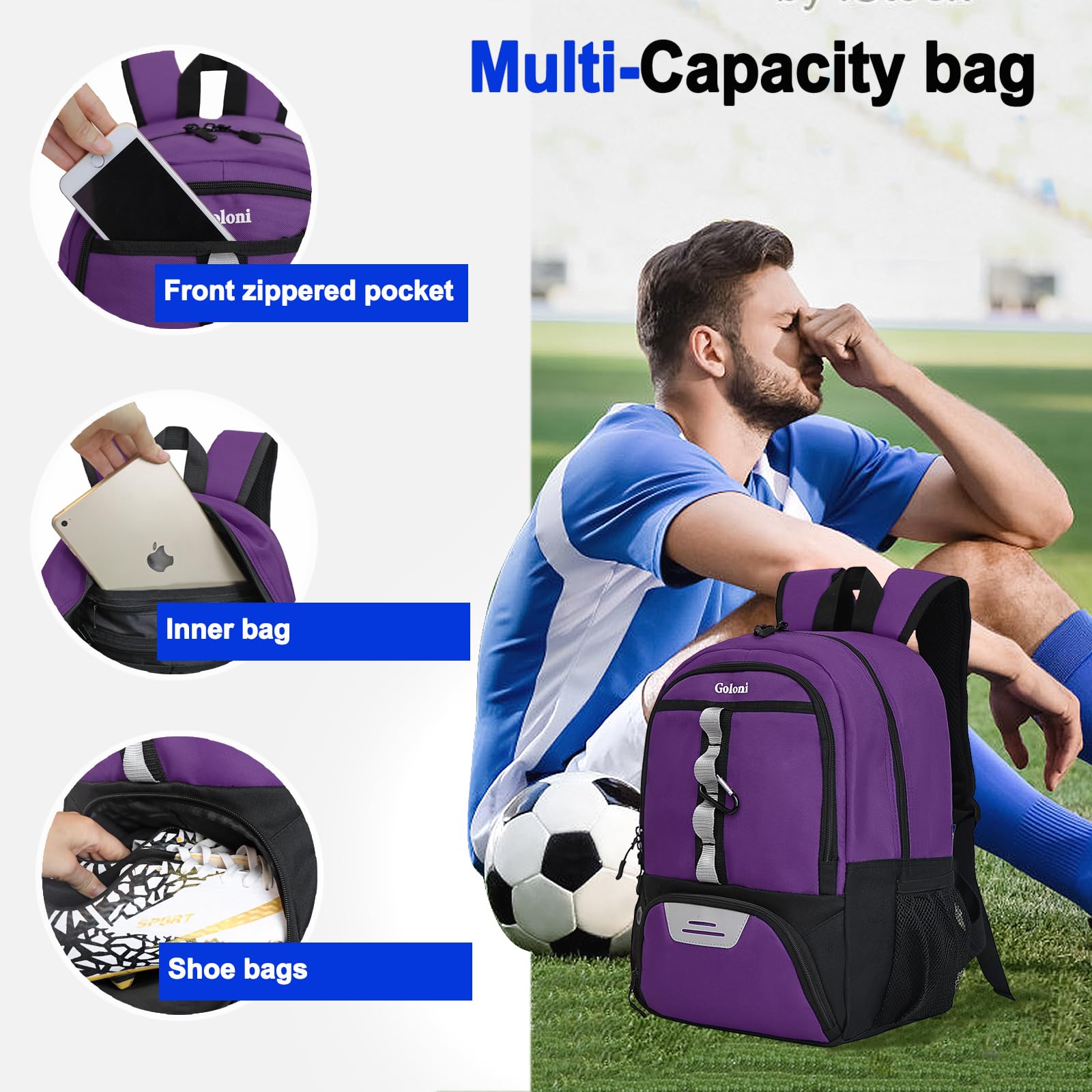 Goloni Youth Soccer Bag,Basketball Bag with Ball Compartment & Shoe Compartment,Backpack for Football Volleyball Basketball