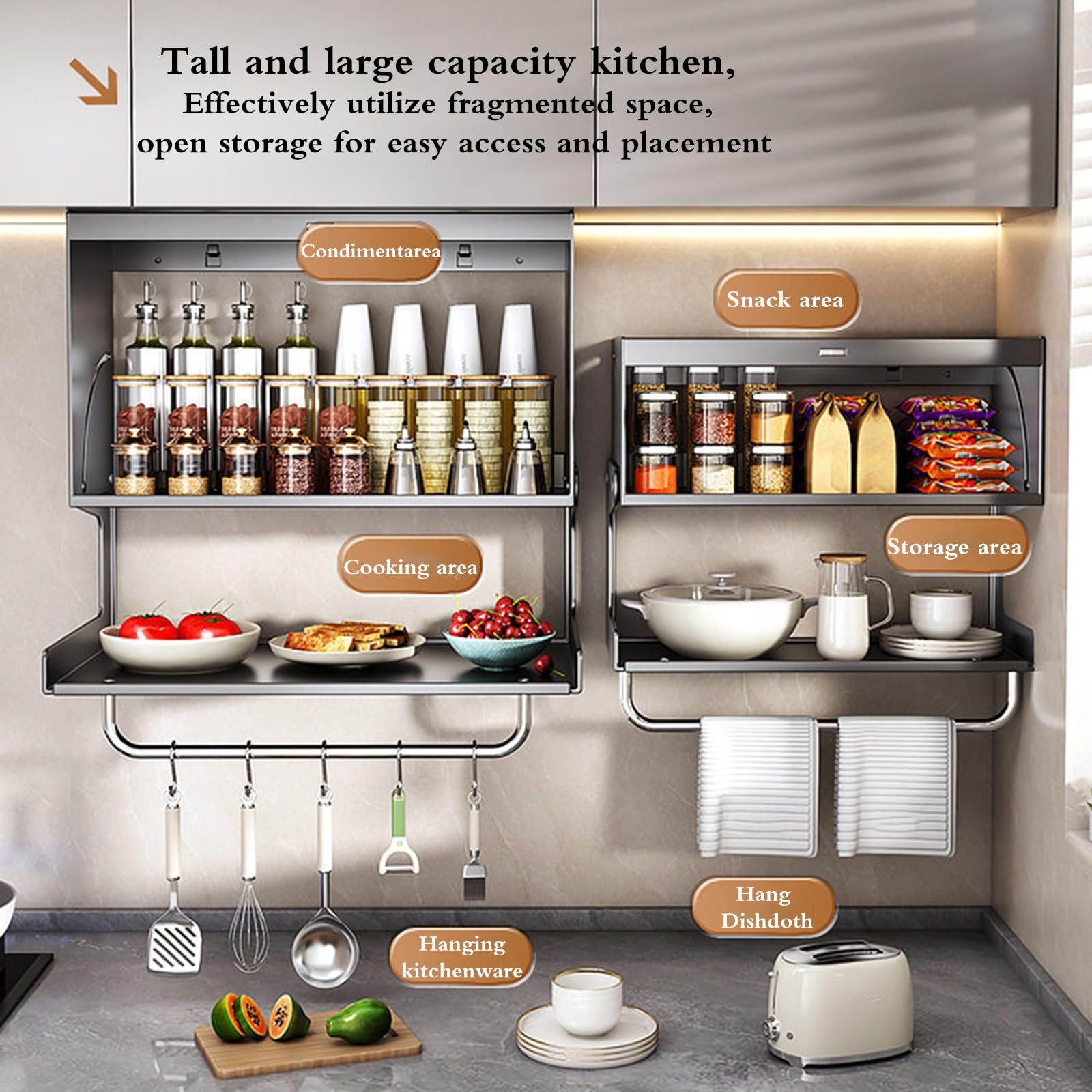 Mobiletto Contenitore Multifunzionale da Parete per Cucina e Bagno, in Acciaio al Carbonio, con Porta spezie e sportello Ribaltabile per la Preparazione di cibi, condimenti e Artic