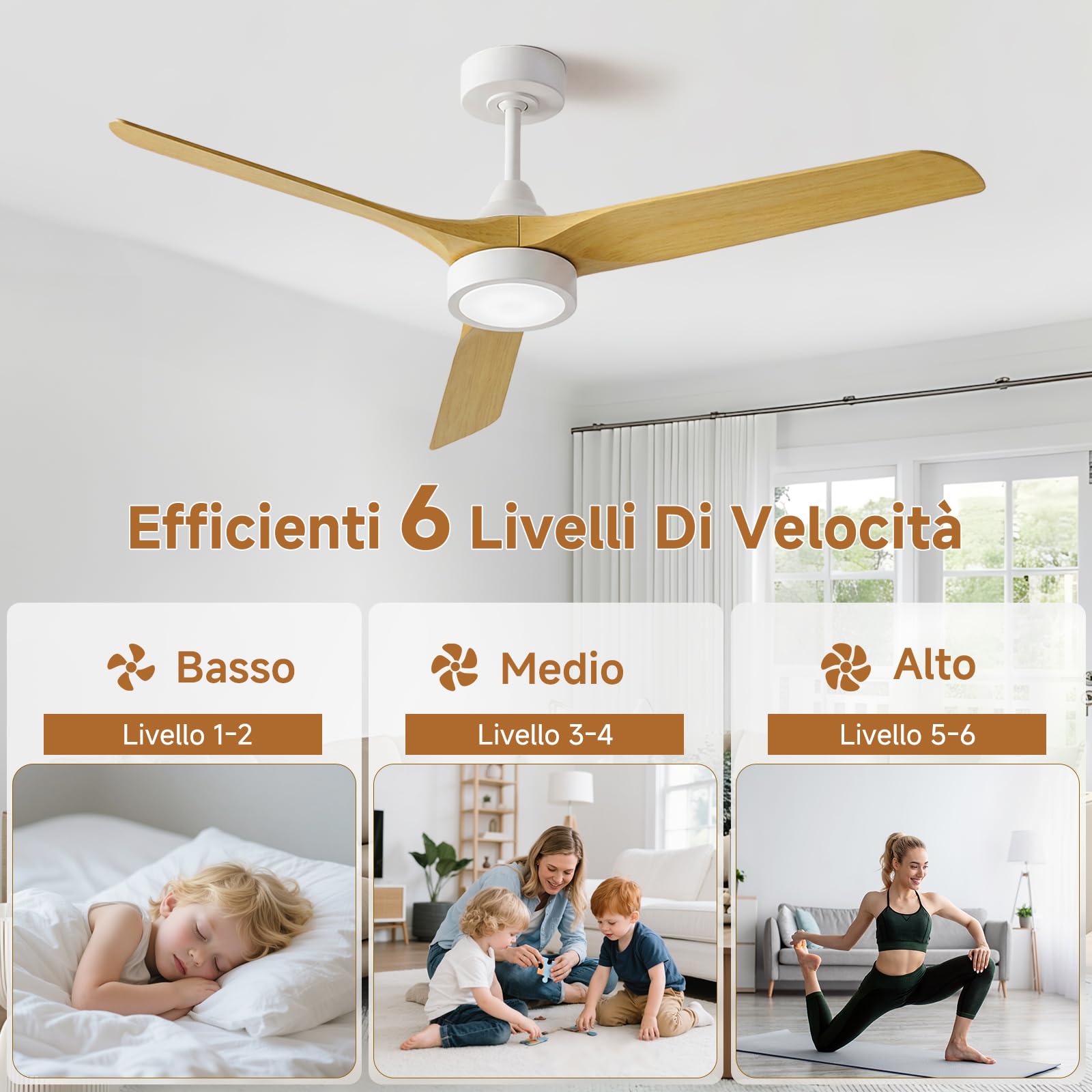 Ateroll Ventilatore da Soffitto Ø132cm Luci e Telecomando Silenzioso 3 Pale in ABS, Motore DC Plafoniera Led Dimmerabile 6 Velocità Timer Ventilatore Soffitto Moderno per Letto/Soggiorno/Studio/Patio