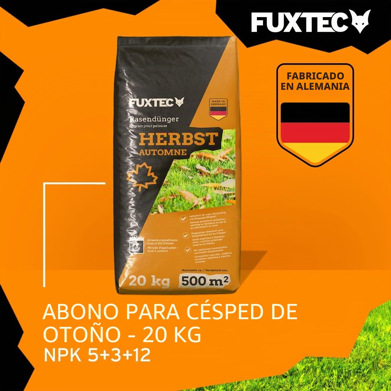 FUXTEC Abono césped alto en potasio FX-RDH20 • 20 kg hasta 500 m² • Ideal para otoño e invierno • Refuerza contra heladas • Liberación controlada • Fabricado en Alemania