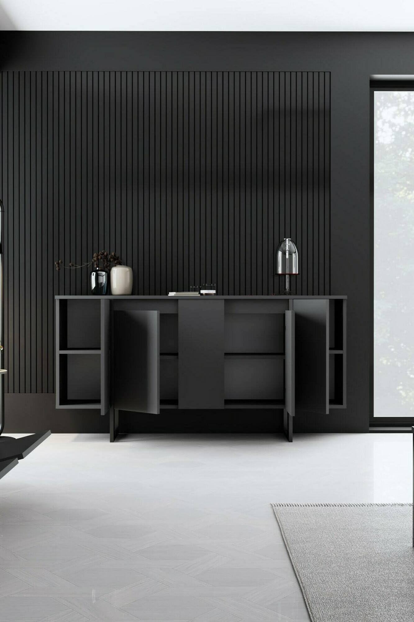 Dmora - Credenza Betel, Buffet da soggiorno, Madia da salotto, Dispensa da cucina, 160x35h80 cm, Antracite e Nero