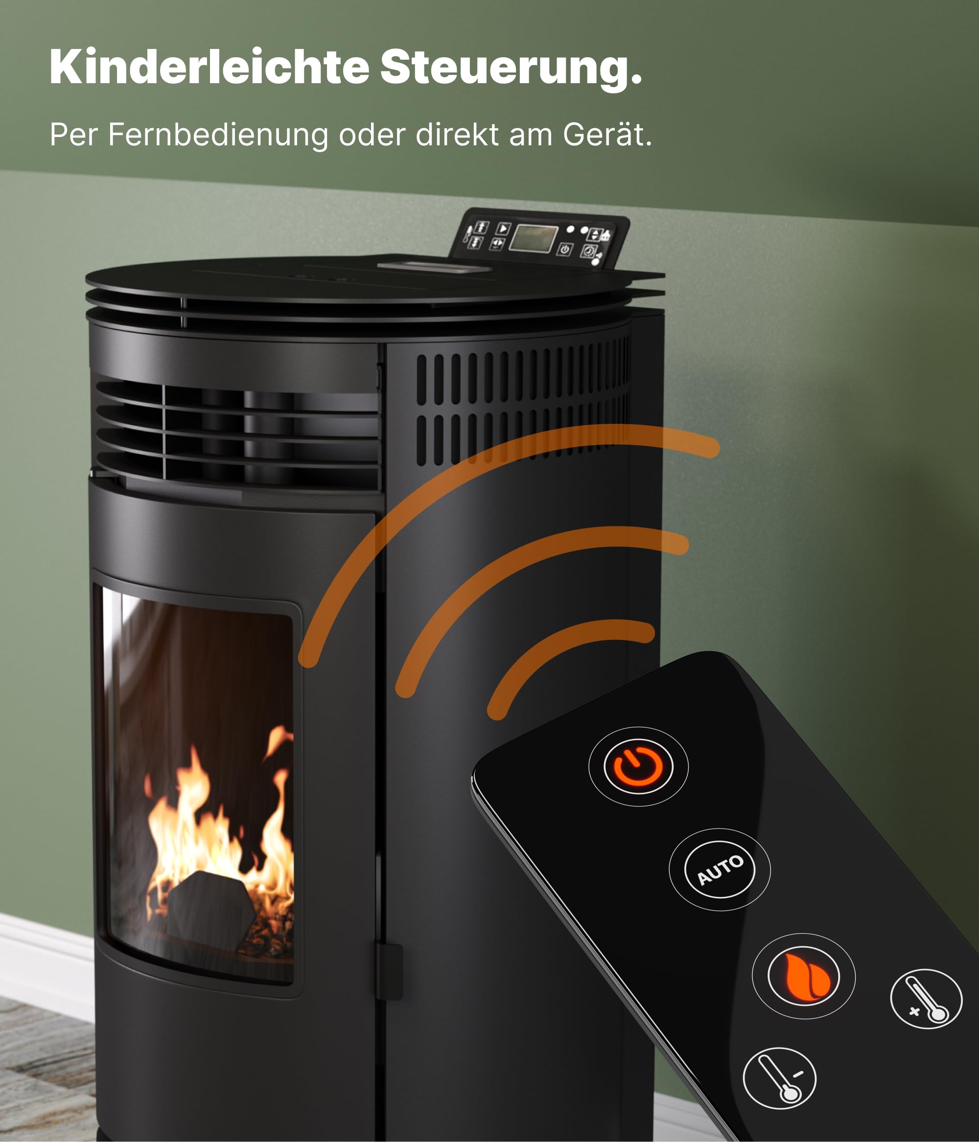 UMBRELLA® PR8 estufa de pellets 8,6 kW A+ hasta 220 m³, limpieza automática, ECO1/ECO2, programa semanal, mando a distancia, Wi-Fi Ready (opcional), protección por vacío y sobrecalentamiento, Negro