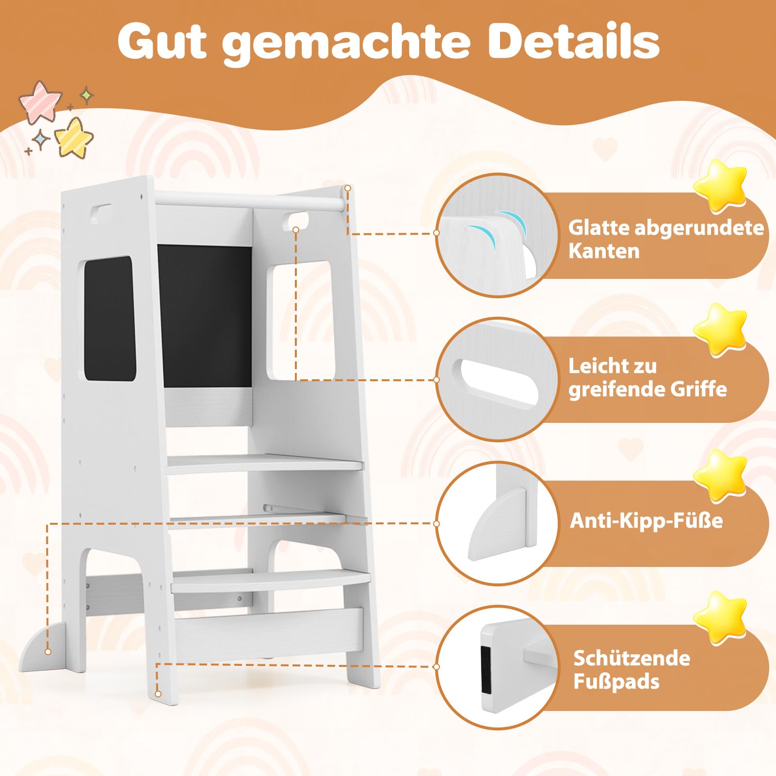 DREAMADE Lernturm ab 1 Jahr, Tritthocker Holz mit doppelseitiger Tafel, Learning Tower Höhenverstellbar, Lernturm Kinder mit Sicherheitsschiene, belastbar bis 60kg (Weiß)