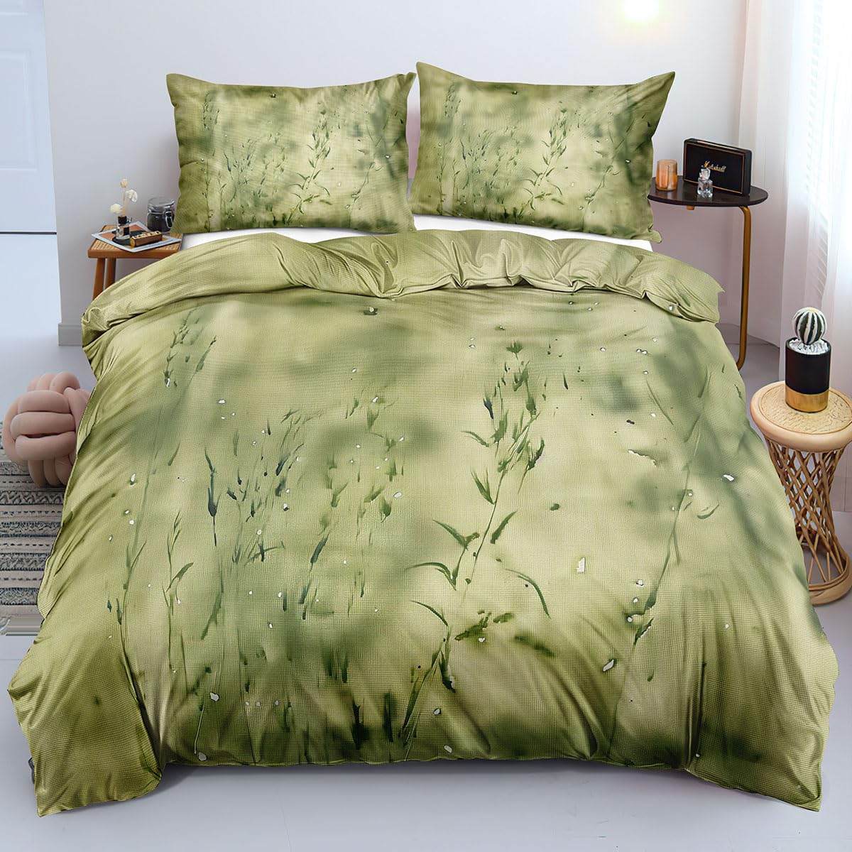 Housse de couette 240x220 motif botanique vert parure de lit 3 pièces