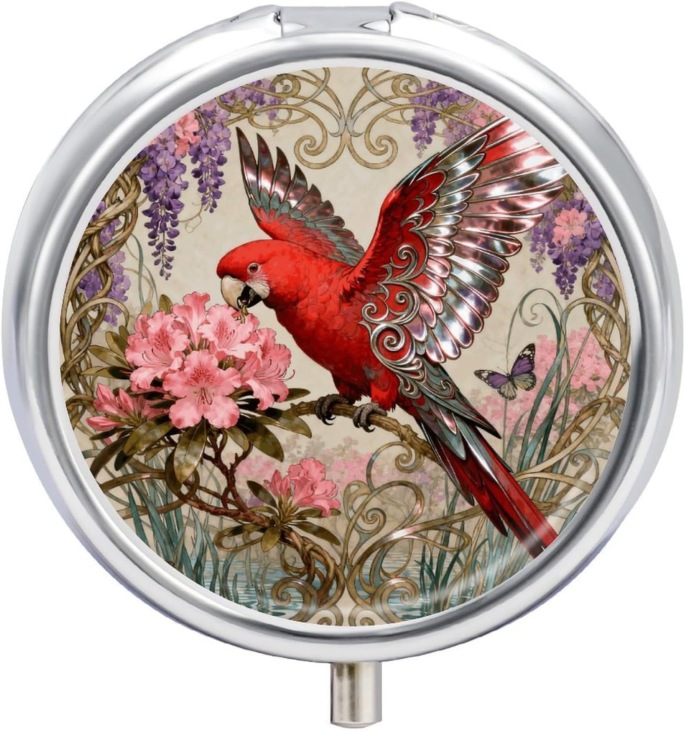 Round Daily Parrot Rhododendron Peak Pill Case with 3 Compartment & Mirror