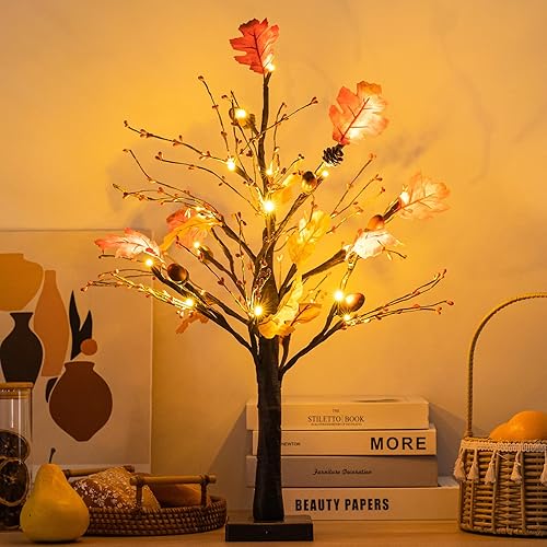 Miniatura 2 de Ethlomoer Árbol de arce artificial de 24 pulgadas con luces para decoraciones de otoño, 24 luces LED preiluminadas para Acción de Gracias, centros