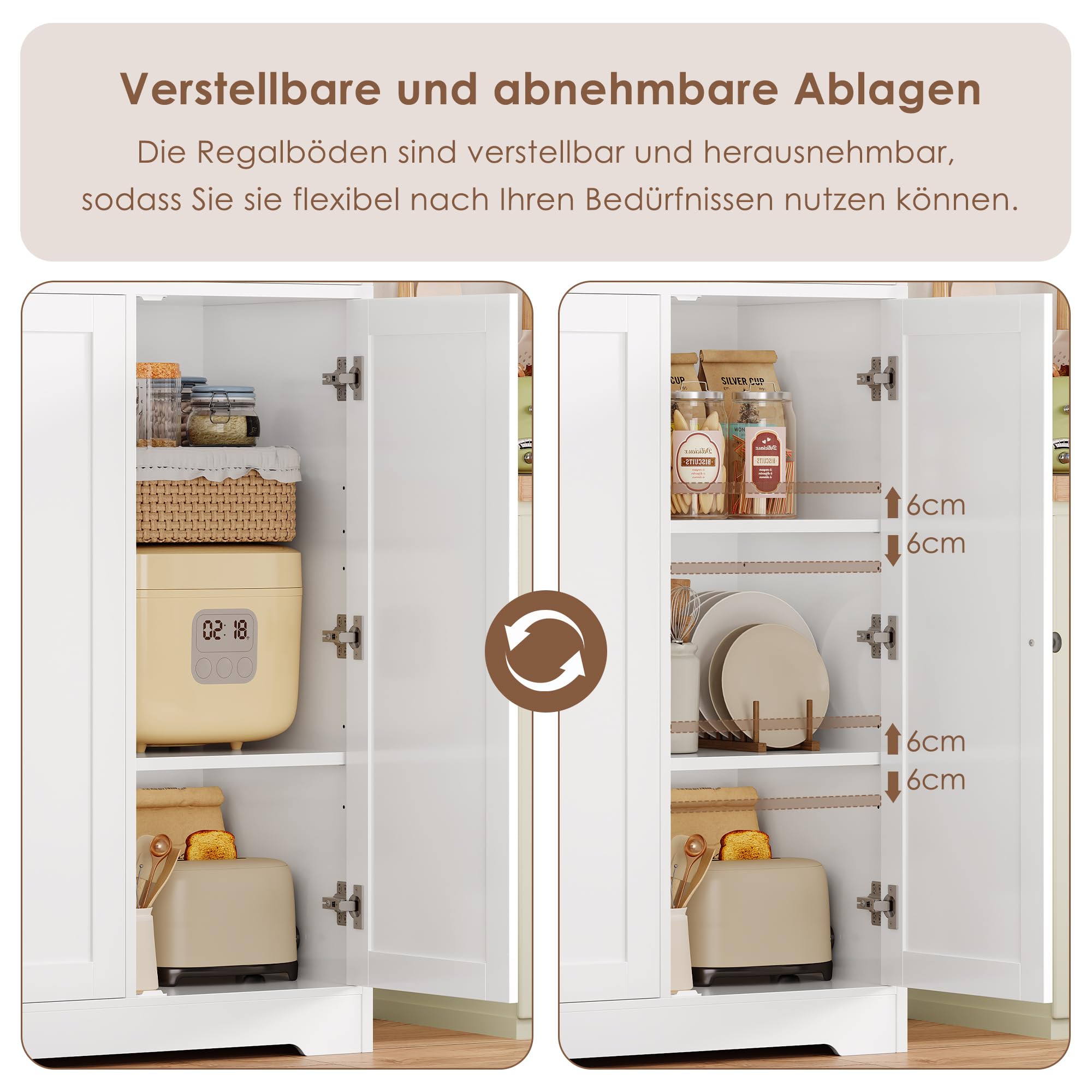 FirFurd Küchenschrank, 180 cm Mehrzweckschrank Vorratsschrank, Buffetschrank mit 6 Türen und verstellbaren Einlegeböden, Allzweckschrank für Küche Wohnzimmer Eingangsbereich, 180x106x37 cm, weiß