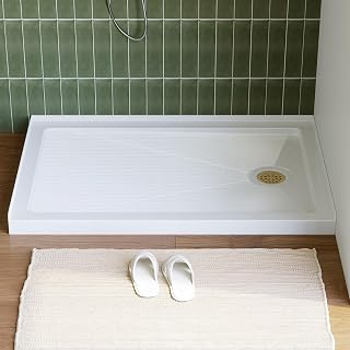 HOROW 48" x 32" Single Threshold Shower Base in White, Slip-Resistant Acrylic Shower Pan, Rectangle Shower Base Pan with Stainless Steel Brushed Gold Drain, Right Drain Location