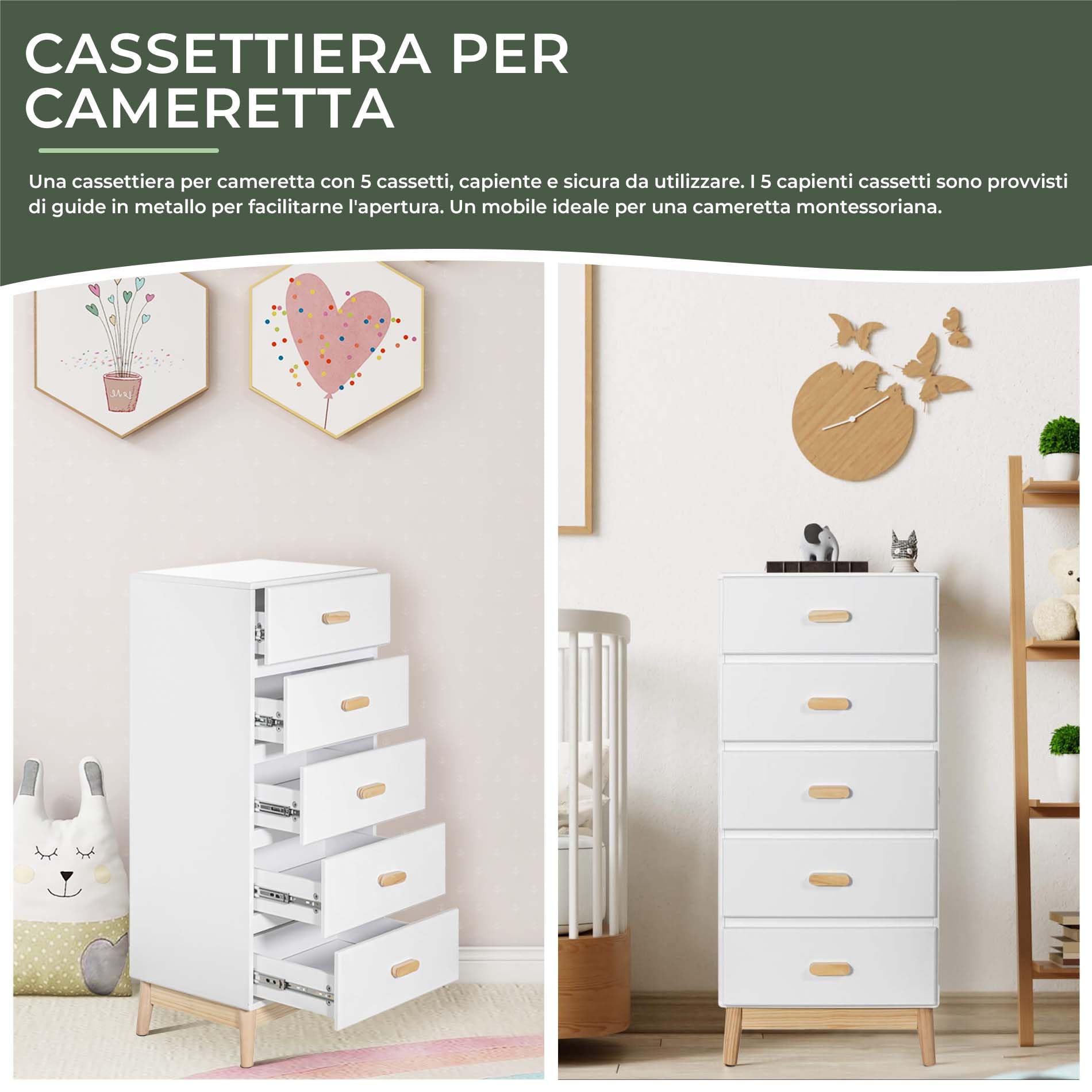 Rebecca Mobili Cassettiera per Cameretta, Cassettiera per Bambini, Bianco Marrone, MDF Pino, con 5 Cassetti, con Sistema Anti Ribaltamento - Misure HxLxP: 115 x 50 x 40 cm - Art. RE6980