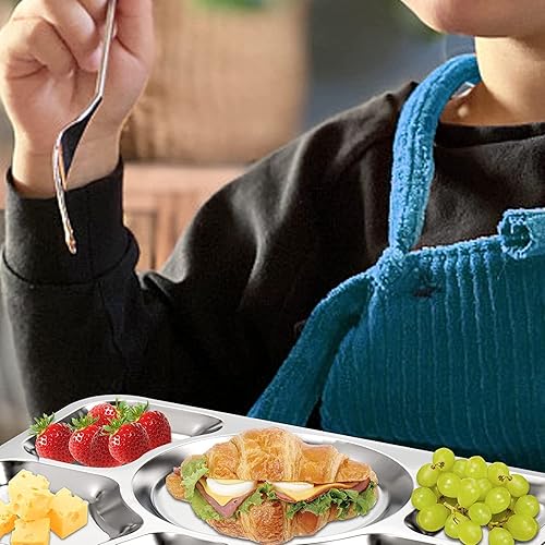 Miniatura 3 de Hacaroa Paquete de 4 platos llanos divididos de acero inoxidable, plato de servir aperitivos de 15 x 10.6 pulgadas con 6 compartimentos, bandejas de