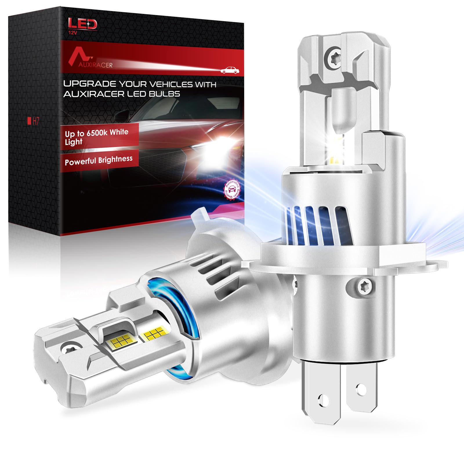 AUXIRACER Bombillas H4 LED, 30000LM 6500K Blanco Frío H4 LED 12V 120W, Luz Alta y Luz Baja Tamaño Mini 1:1 Plug and Play, Paquete de 2