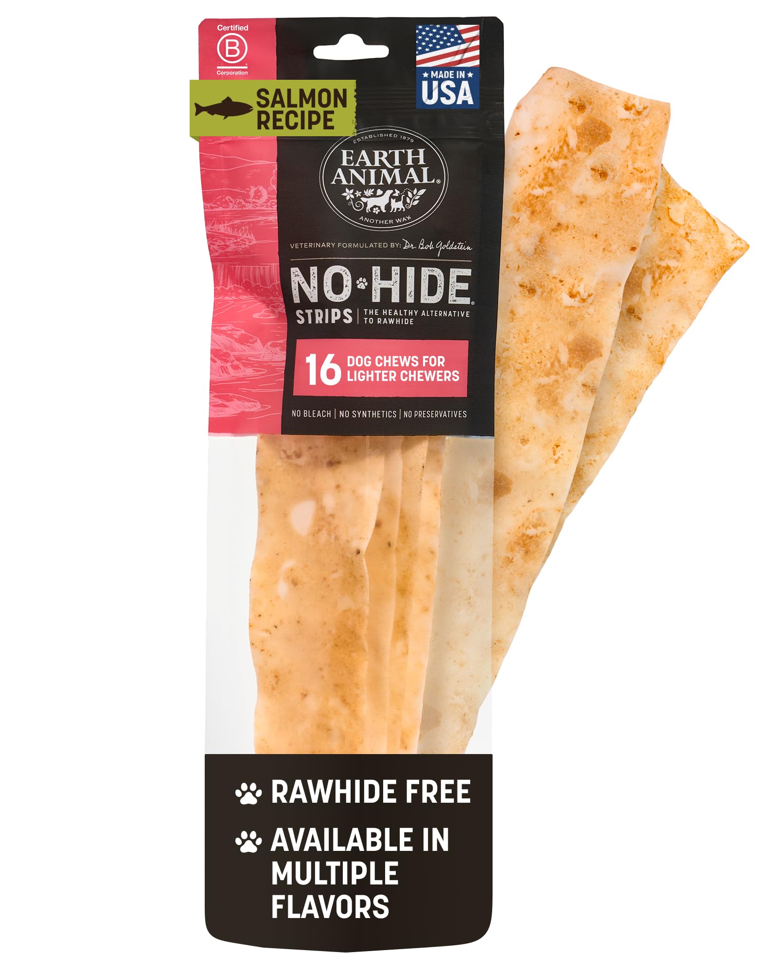 Earth Animal No Hide Strips - Natural Rawhide Free Dog Chew Strips, Salmon - 16 Count