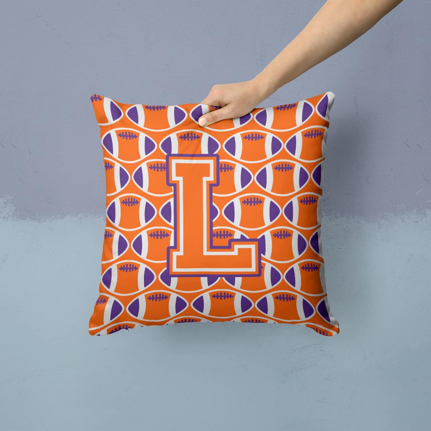Caroline's Treasures CJ1072-LPW1414 Letter L Football Orange, White and Regalia Fabric Decorative Pillow 100% Machine Washable Pillow, Indoor or Outdoor Decorative Throw Pillow for Couch, Bed or Patio