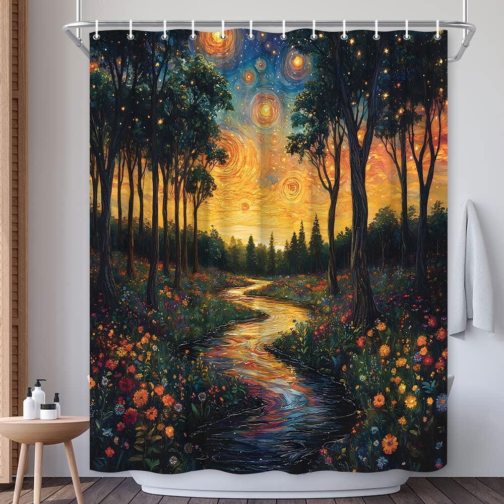 Enchanted Forest Starry Shower Curtain Rustic Fantasy Forest Flower Planet Garden Rural Wonderland Bath Decor Polyester Fabric Curtains 106X70 Inch