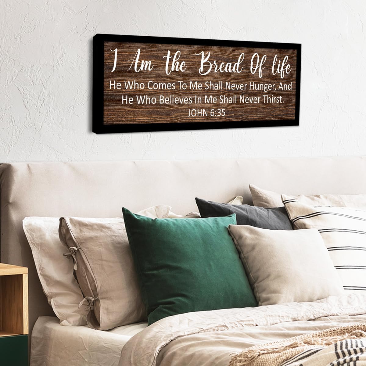 John 6:35 Wall Decor,I AM The Bread Of Life Sign Wall Art Print Framed Wooden,Rustic Christian Bible Verse Scripture Wall Art Decor for Christian Prayer Room Home