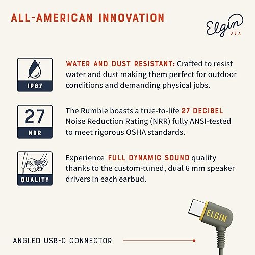 Miniatura 3 de Elgin Rumble - Auriculares con cable con micrófono, auriculares intrauditivos, USB-C, 27 dB NRR, IP67 impermeable, compatible con OSHA, auriculares