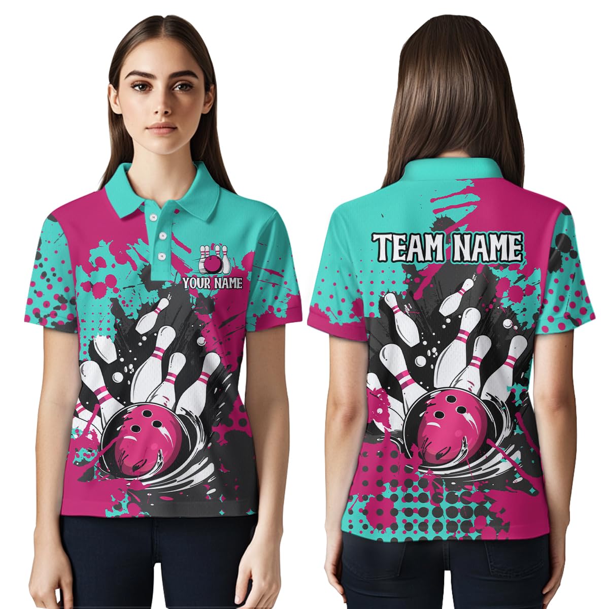 PIONAMZIOZ Custom 3D Bowling Shirts Teal and Pink Bowling Team Jersey Polo & Quarter-Zip Bowling for Men Women (US, Alpha, Small, 5X-Large, Regular, Regular, Women Polo)