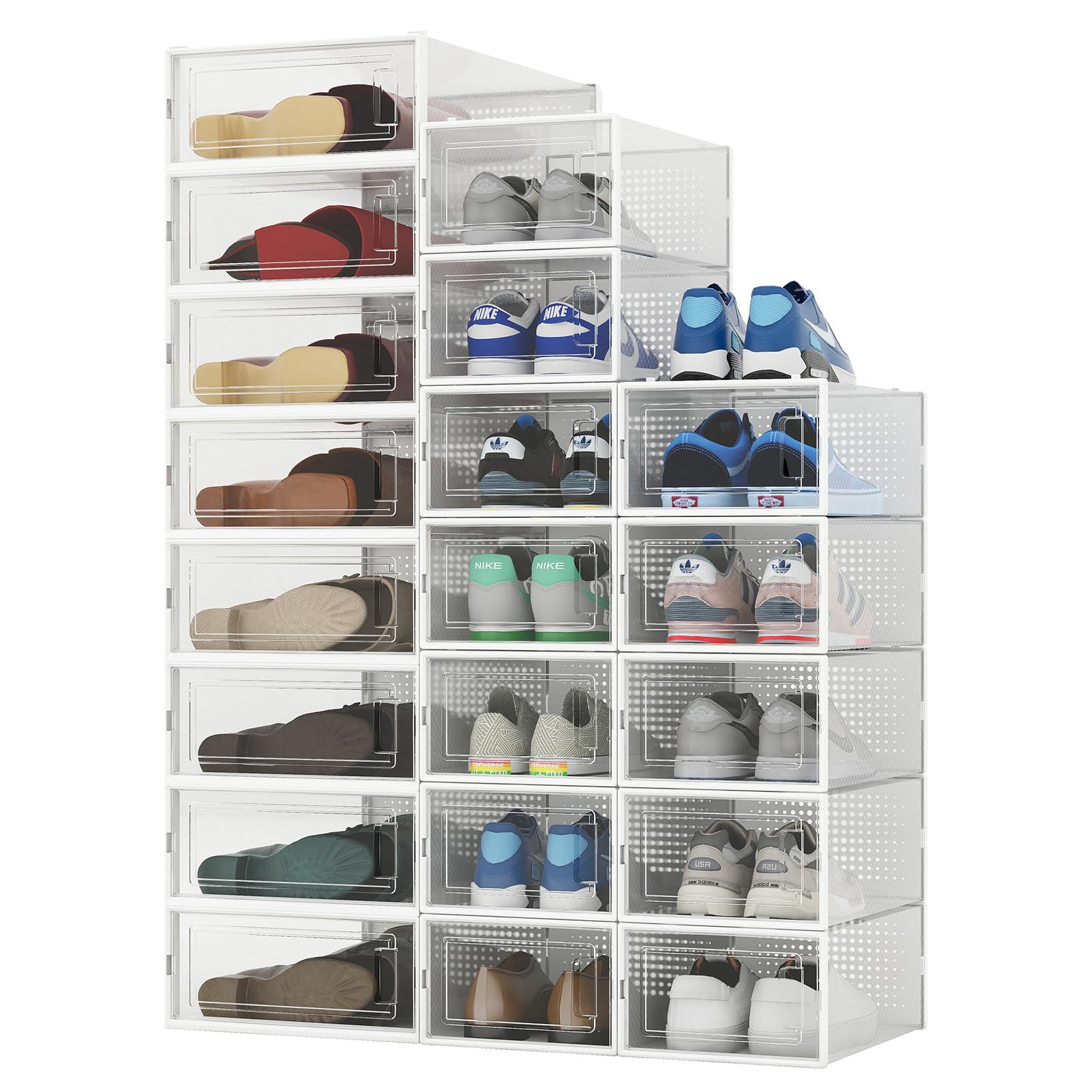 PARANTA 8-Piece Boots and 12-Piece Shoes Storage Boxes, Stackable Clear Plastic Shoe Organizer with Clear Door for Storing Shoes
