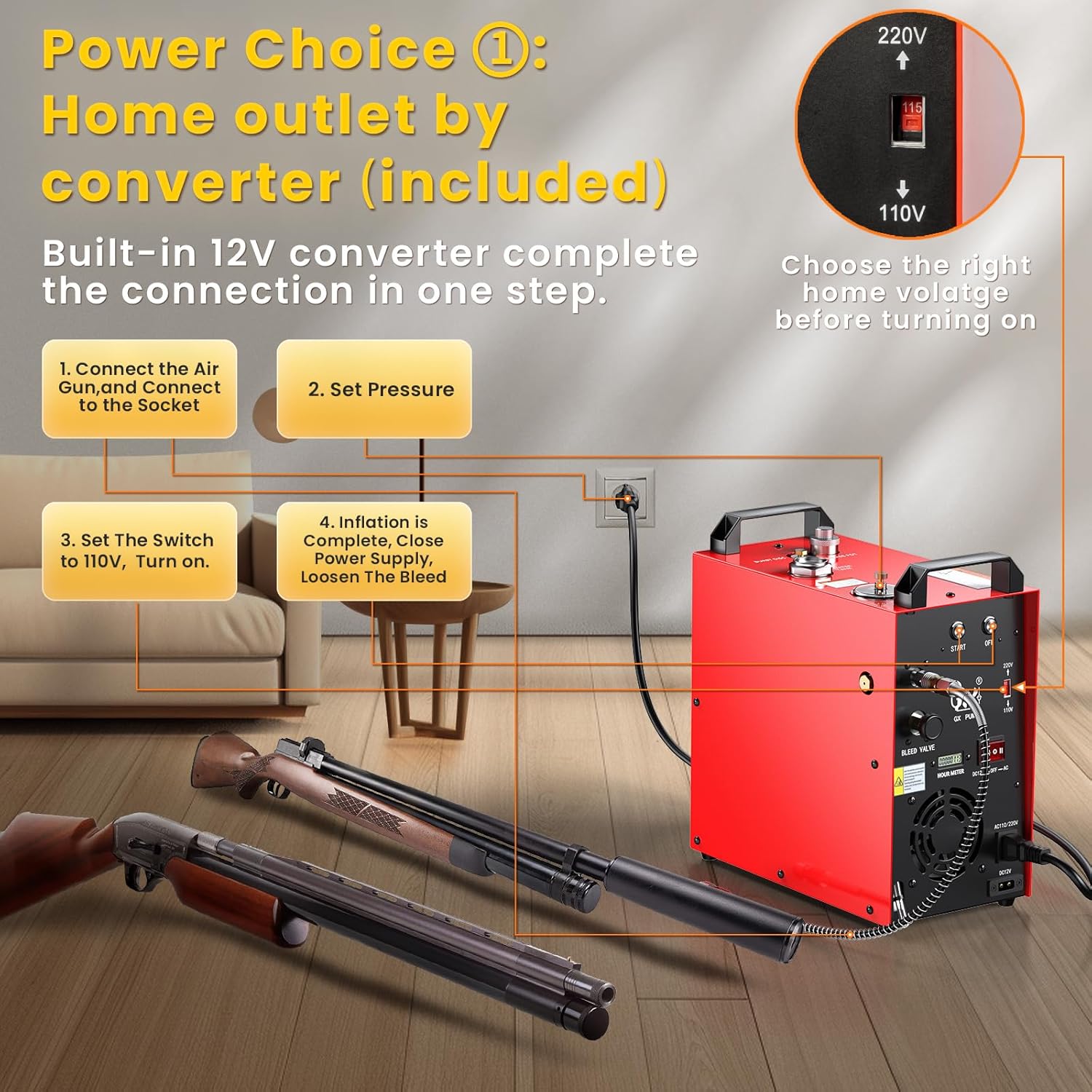 GX PUMP GX-E-CS4-I Portable PCP Air Compressor, 350W Powerful Motor,Max 5800Psi/40Mpa, Built-in Home Converter, Water and Fans Cooling, 5 Hours Continous Work, 12V Auto Stop Paintball Air Compressor - Image 3