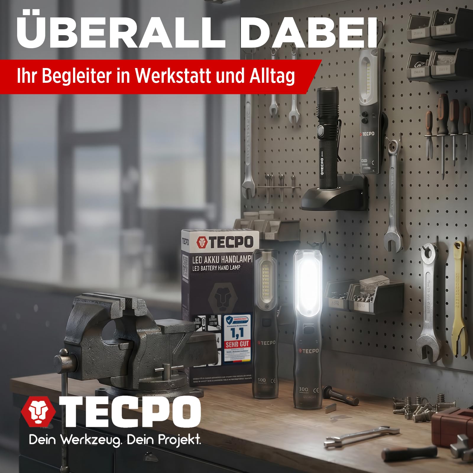 TECPO 2x Werkstattlampe Akku Handlampe 300 Lumen LED Arbeitsleuchte Stablampe IP54 Leuchte Lampe