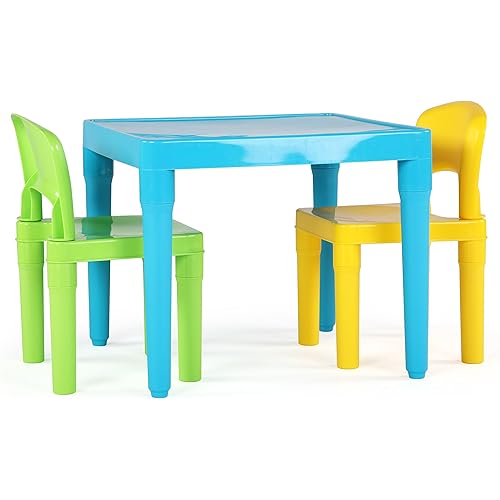 Humble Crew, Aqua Table & Green/Yellow Kids Lightweight Plastic Table and 2 Chairs Set, Square, Toddler