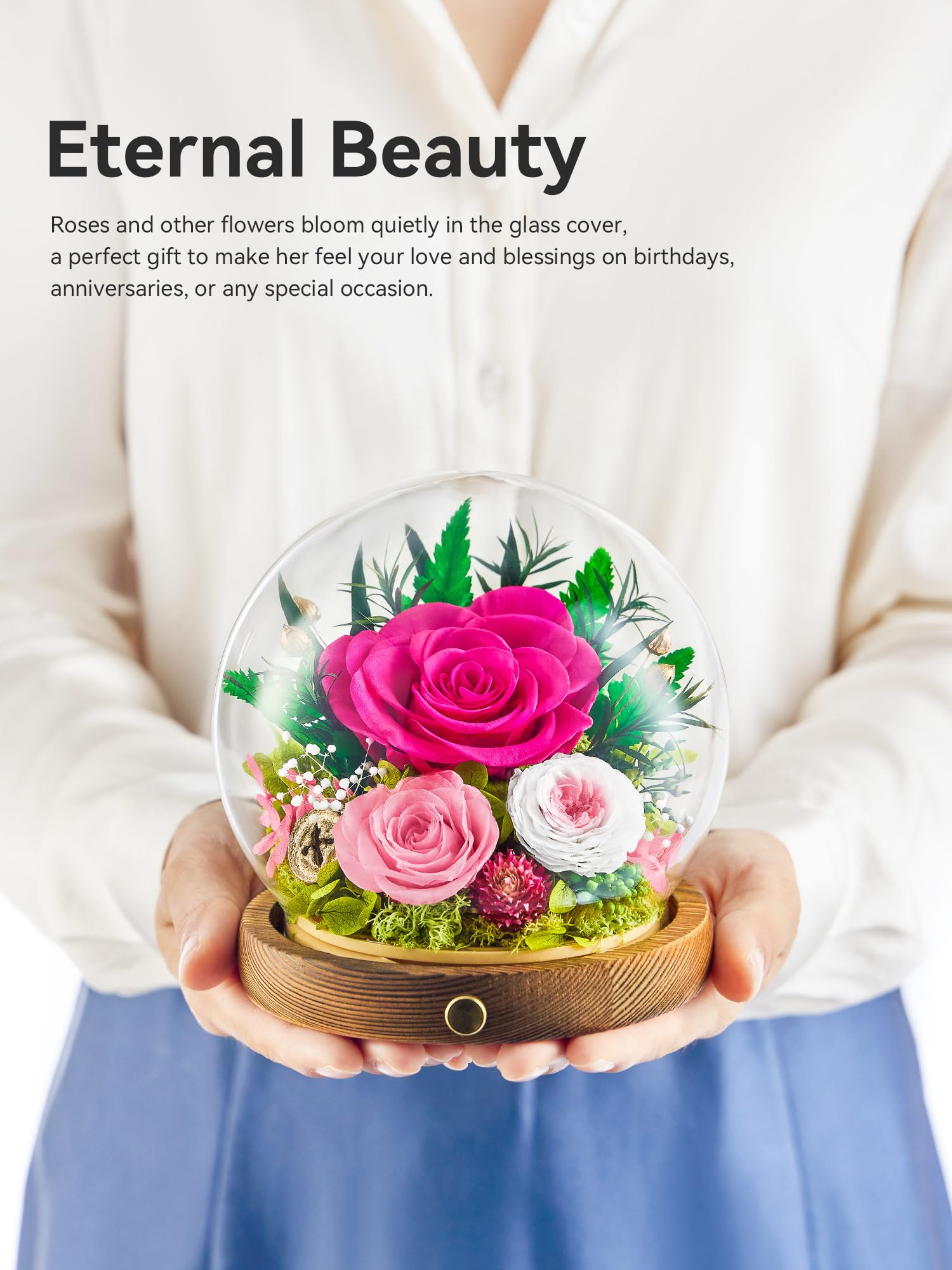 Dsuto Preserved White Roses In Glass Dome – Eternal Flowers With LED Lights, Perfect Mother’s Day Or Birthday Gift For Her - View #7
